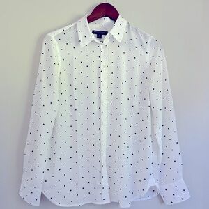 Banana republic women’s button down white shirt, black dots.
